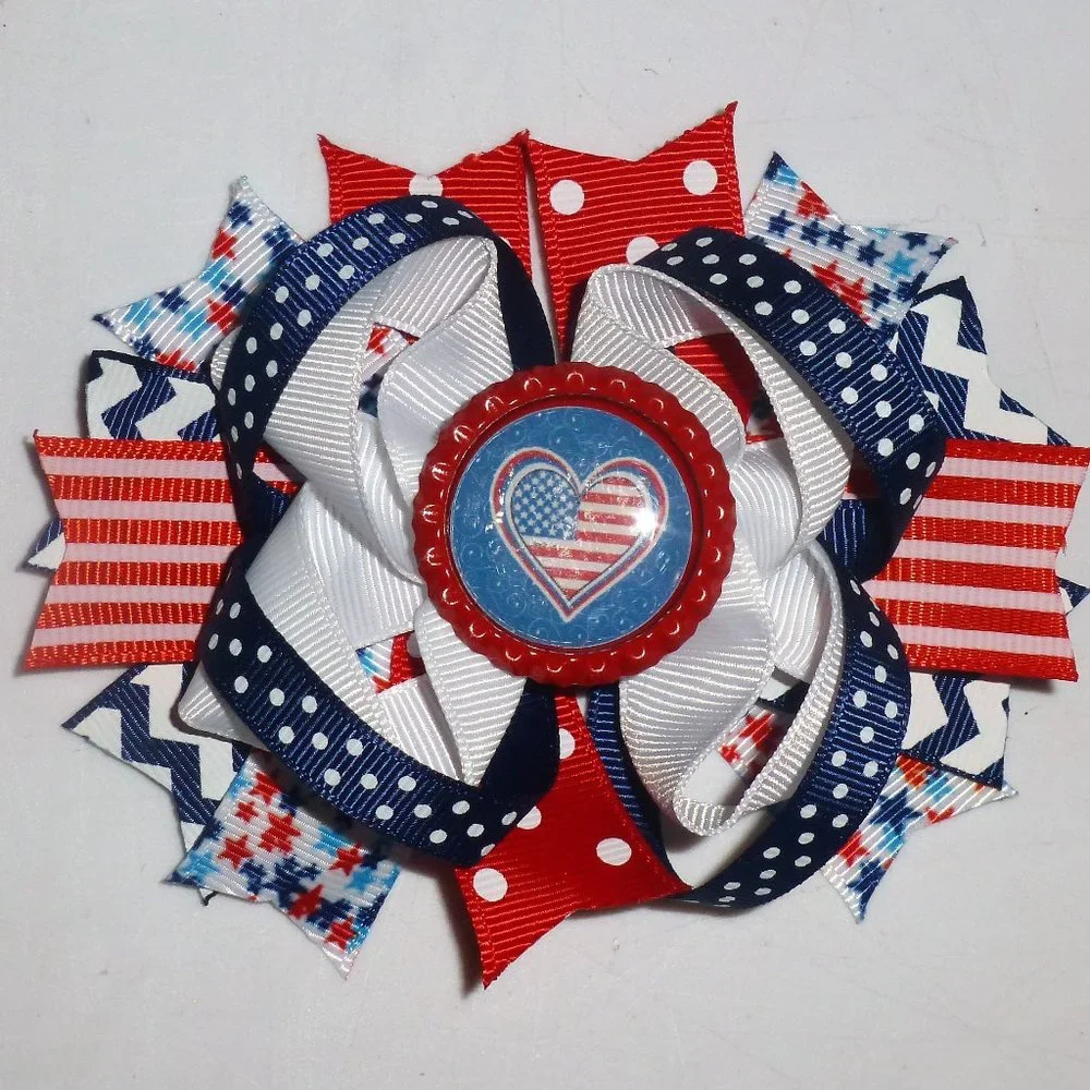 4th of July Patriotic Heart Girls 5-Inch Hair Bow Clip